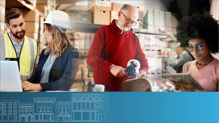 Workers at a construction site, a warehouse and at home
